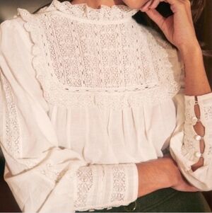Sezane Iona Blouse Cream Off White Ruffle Lace Crochet Long Sleeve in Size 34 XS